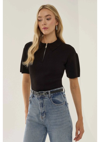 Kadın Polo Yaka Fermuarlı Süveter Siyah