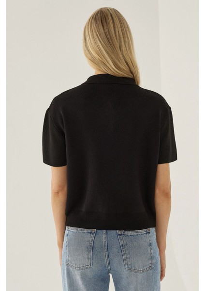 Kadın Polo Yaka Fermuarlı Süveter Siyah