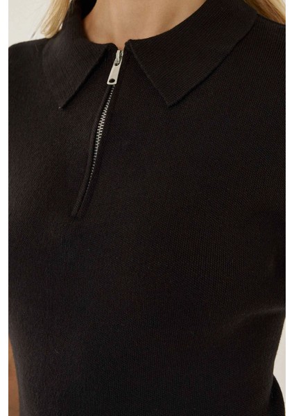Kadın Polo Yaka Fermuarlı Süveter Siyah
