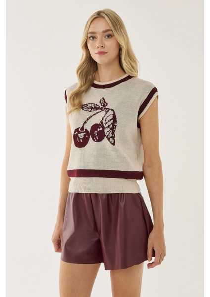 Kadın Kiraz Desenli Süveter Natural