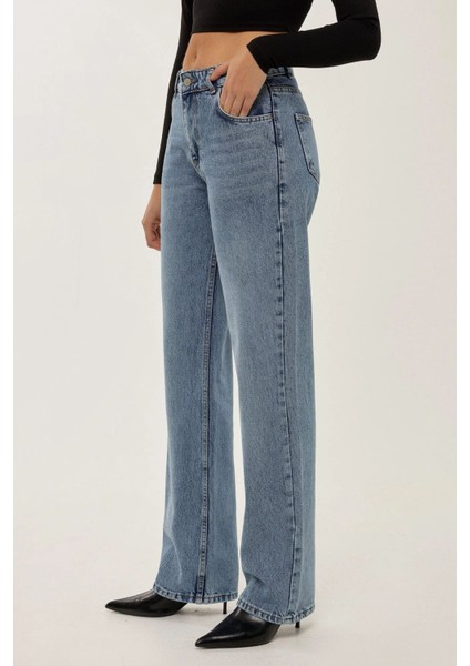 Kadın Orta Bel Straight Leg Jean Koyu Mavi Denim