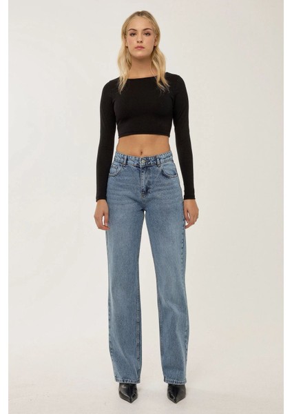 Kadın Orta Bel Straight Leg Jean Koyu Mavi Denim
