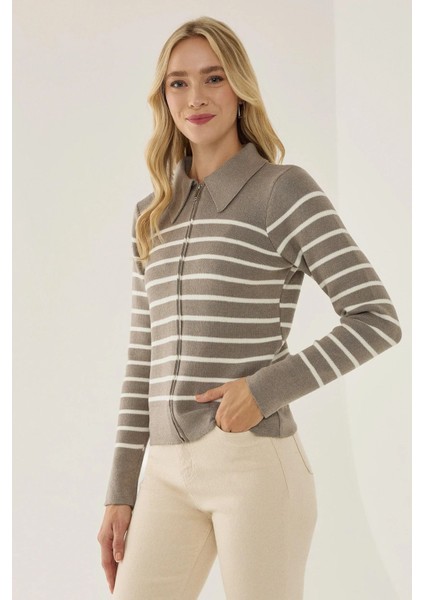Kadın Çizgili Fermuarlı Gömlek Yaka Hırka Grey
