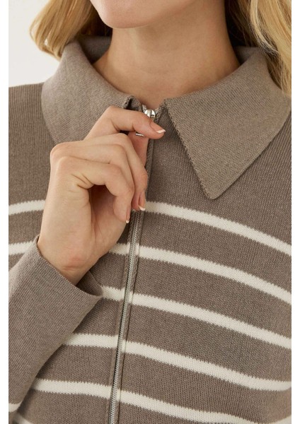 Kadın Çizgili Fermuarlı Gömlek Yaka Hırka Grey