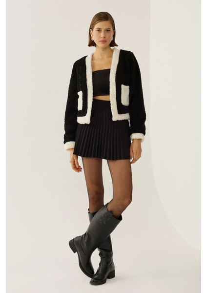 Kadın Sherpa Kontrast Detaylı Ceket Siyah