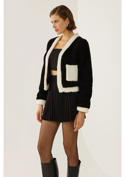 Kadın Sherpa Kontrast Detaylı Ceket Siyah