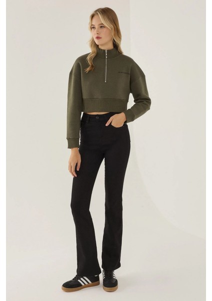 Kadın Fermuar Yakalı Kısa Slogan Sweatshirt Green