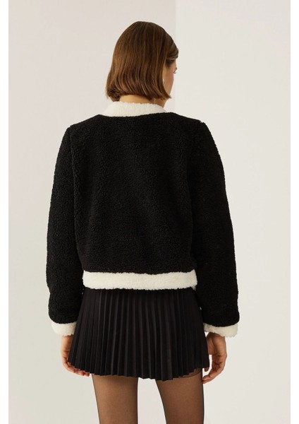 Kadın Sherpa Kontrast Detaylı Ceket Siyah