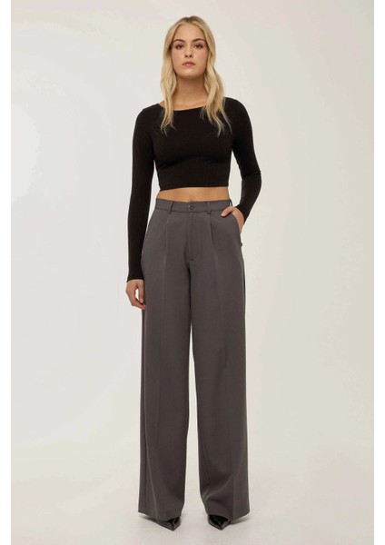 Kadın Yüksek Bel Geniş Paça Pantolon Grey