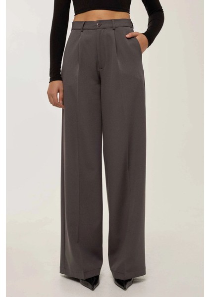 Kadın Yüksek Bel Geniş Paça Pantolon Grey