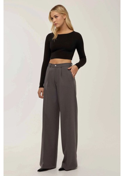 Kadın Yüksek Bel Geniş Paça Pantolon Grey