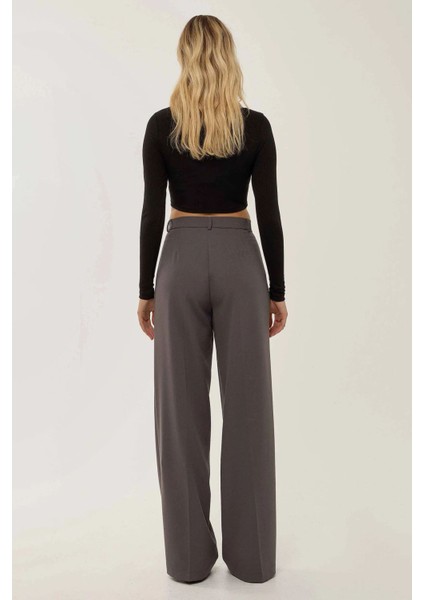 Kadın Yüksek Bel Geniş Paça Pantolon Grey