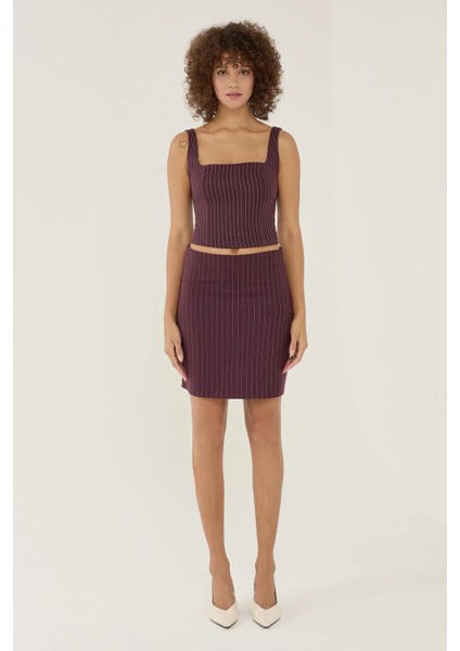 Kadın Çizgili Mini Etek Red