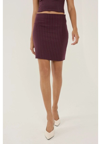 Kadın Çizgili Mini Etek Red