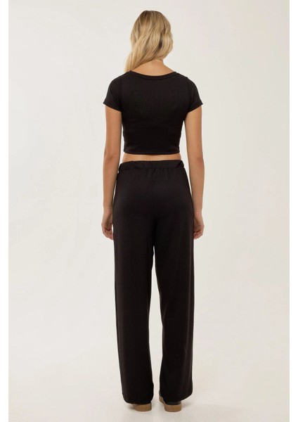 Kadın Örme Crop Bluz & Lastikli Pantolon Takım Siyah