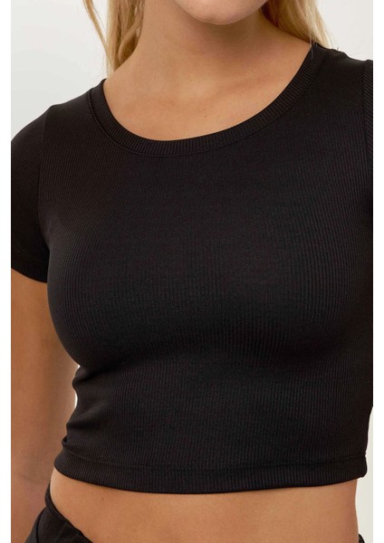 Kadın Örme Crop Bluz & Lastikli Pantolon Takım Siyah