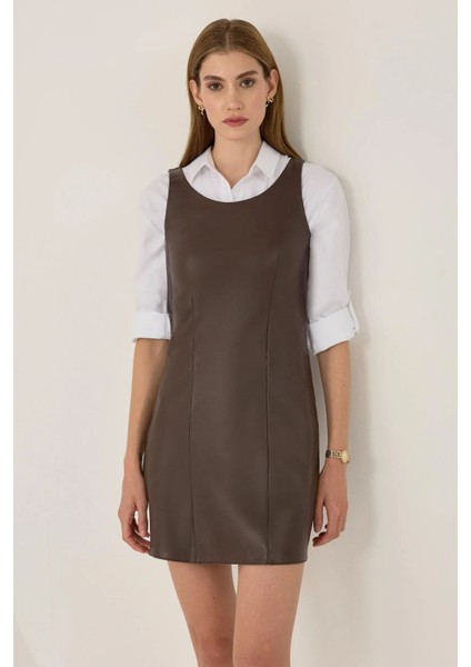 Kadın Suni Deri Mini Elbise Brown