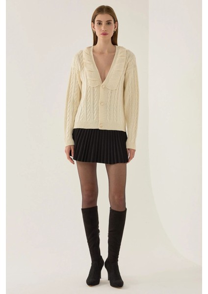 Kadın Dokulu V Yaka Triko Hırka Natural