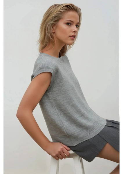 Kadın Bisiklet Yaka Triko Süveter Gri