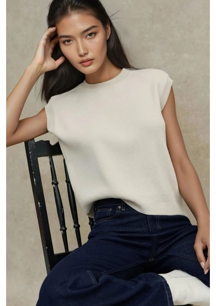 Kadın Bisiklet Yaka Triko Süveter Natural