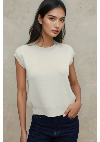 Kadın Bisiklet Yaka Triko Süveter Natural