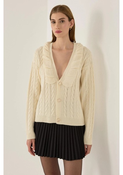 Kadın Dokulu V Yaka Triko Hırka Natural