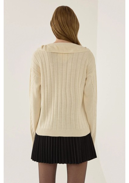 Kadın Dokulu V Yaka Triko Hırka Natural