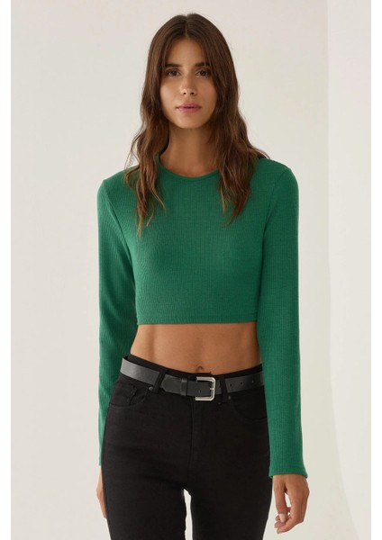 Kadın Slim Fit Örme Crop Bluz Green