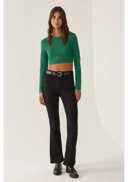 Kadın Slim Fit Örme Crop Bluz Green