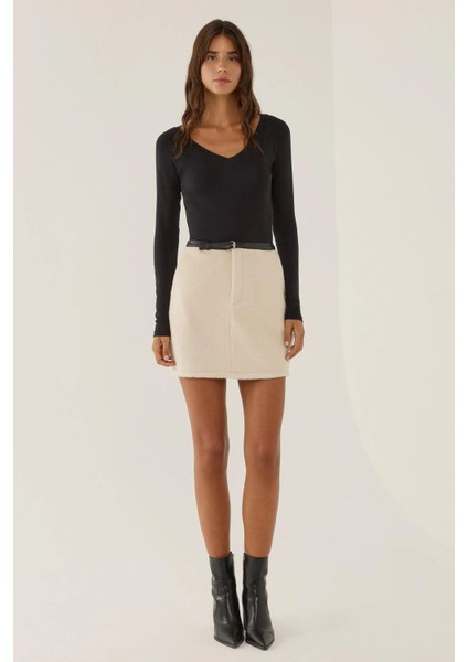 Kadın Kemerli Mini Etek Natural