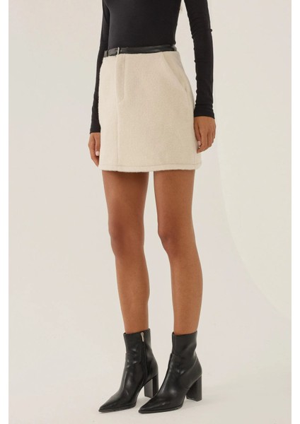 Kadın Kemerli Mini Etek Natural