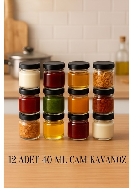 12 Adet 40 ml Metal Kapaklı Şeffaf Numune Mama Ek Gıda Şekerleme Reçellik Küçük Cam Kavanoz