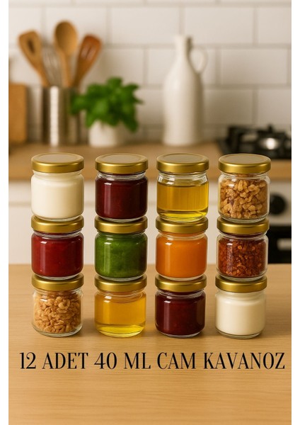 12 Adet 40 ml Metal Kapaklı Şeffaf Numune Mama Ek Gıda Şekerleme Reçellik Küçük Cam Kavanoz