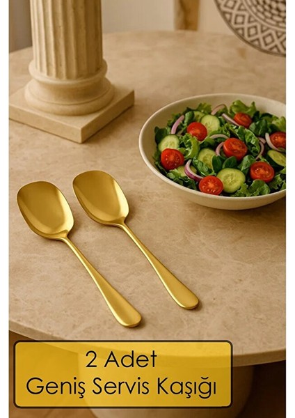 Pratik 2 Adet Paslanmaz Gold Çelik Lüx Servis Salata Kaşığı Spatula Çelik Yemek Servis Kaşığı 21CM