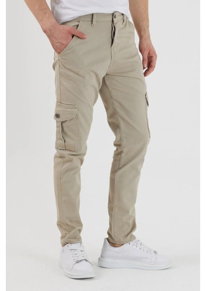 Erkek Bol Paça Esnek Krem Kargo Cepli Pantolon