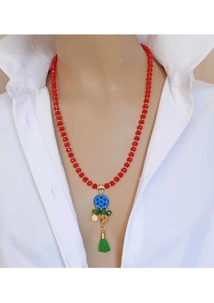Kırmızı Kristal Boncuklu 7 Göz Süryani Taşı Kolye – Ipek Püsküllü El Yapımı Tasarım