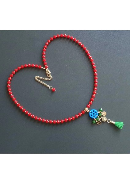 Kırmızı Kristal Boncuklu 7 Göz Süryani Taşı Kolye – Ipek Püsküllü El Yapımı Tasarım indirimleri