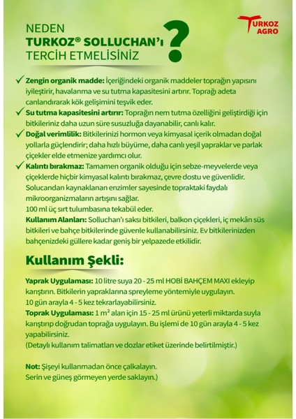 BİTKİ ÇİÇEK BESİNİ VİTAMİNİ SOLUCAN BESİNİ Solluchan Humik-Fulvik Asit Içerir Hobi kullanımı içindir (küçük boy) modelleri