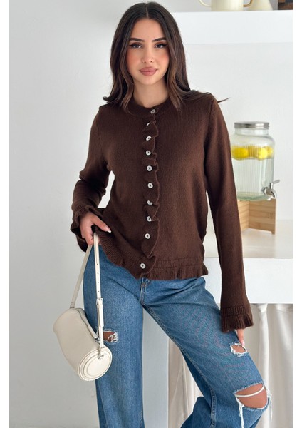 Kadın Kalın Tiftik Hırka – Fırfır Kollu & Yumuşak Dokulu