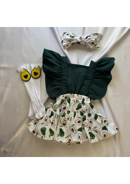 Kız Çocuk Yeşil Avakado Desen Fırfır Salopet Beyaz Keçeli Çorap Bandana Set