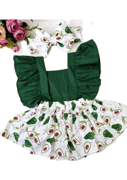 Kız Çocuk Yeşil Avakado Desen Fırfır Salopet Beyaz Keçeli Çorap Bandana Set modelleri