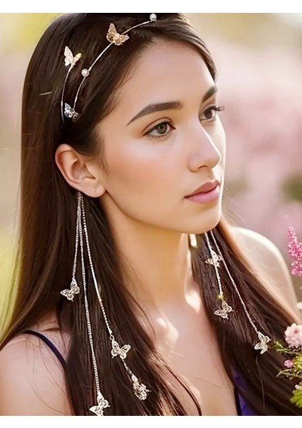 Inci Elmas Kelebek Saçaklı Saç Aksesuar Taç