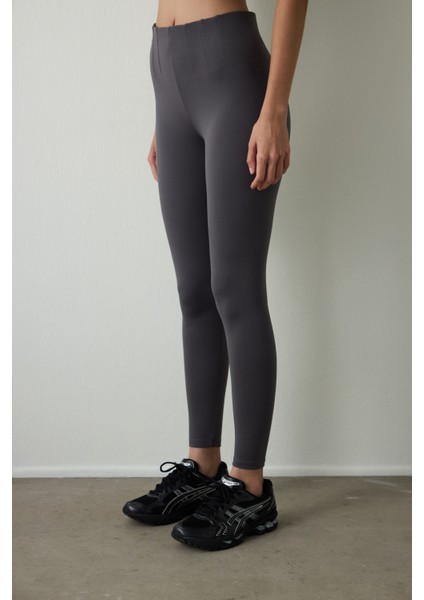 Antrasit Yüksek Bel Interlok Detaylı Slim Fit Tayt