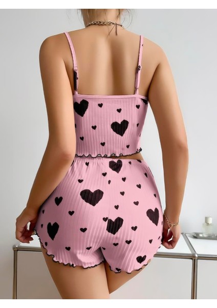 Pamuklu Pembe Üstüne Siyah Kalp Desenli Askılı Fitilli Şortlu Pijama Takımı modelleri