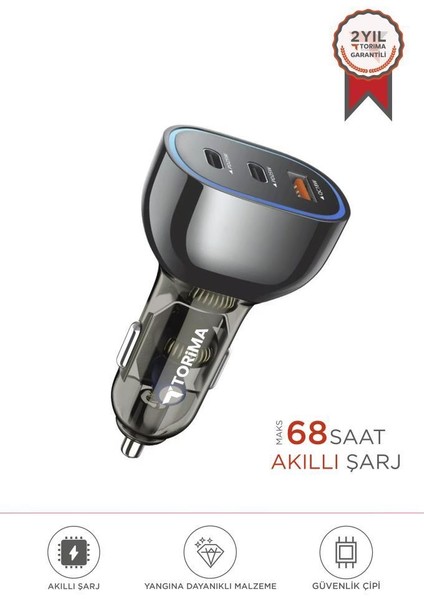 Torıma C11 Siyah 68W Çok Portlu Hızlı Şarj Destekli Araç Şarj Aleti USB ve Type-C Girişli