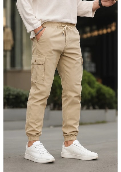 Erkek Lastikli Kargo Cepli Krem Jogger Pantolon