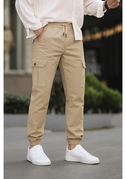 Erkek Lastikli Kargo Cepli Krem Jogger Pantolon modelleri
