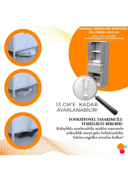 TRENDLİNE NEWYORK 54 x 183,5 x 32,5 cm 4 Kapaklı İki Çekmeceli 5 Bölmeli Çok Amaçlı Dolap
