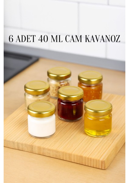 6 Adet 40 ml Metal Kapaklı Şeffaf Numune Mama Ek Gıda Şekerleme Reçellik Küçük Cam Kavanoz
