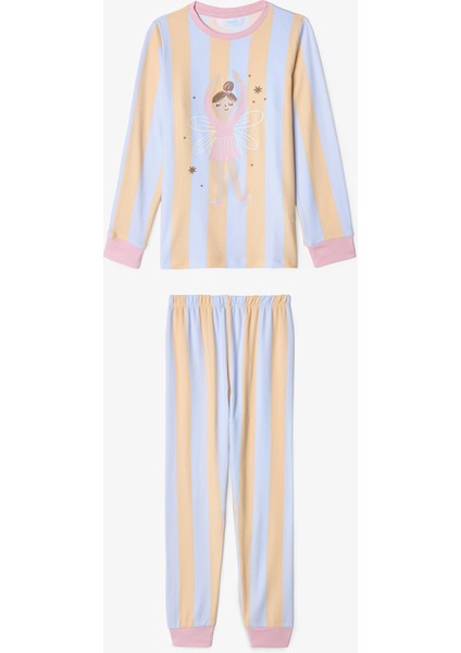 Açık Mavi Kız Çocuk Ballet Çizgili Uzun Kollu Pijama Takımı